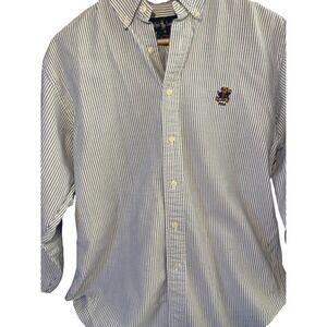 Vintage Ralph Lauren  Button Down Shirt Blue Wht Stripe Polo Bear Size 8 men med